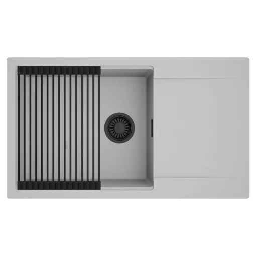 HD Onyx Grey 86-XL egymedencés mosogatótálca szett, matt fekete csepegtetőráccsal, csepegtetőtálcával, alpesi szürke színben, matt fekete leeresztő szifonnal