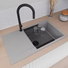 HD Onyx Grey 86-XL egymedencés mosogatótálca szett, matt fekete csepegtetőráccsal, csepegtetőtálcával, alpesi szürke színben, matt fekete leeresztő szifonnal