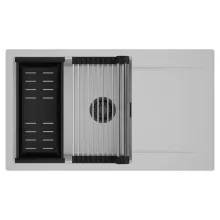 HD Onyx Grey 86-XL egymedencés mosogatótálca szett, acél csepegtetőráccsal és matt fekete kosárral, csepegtetőtálcával, alpesi szürke színben, matt fekete leeresztő szifonnal