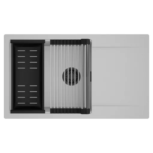 HD Onyx Grey 86-XL egymedencés mosogatótálca szett, acél csepegtetőráccsal és matt fekete kosárral, csepegtetőtálcával, alpesi szürke színben, matt fekete leeresztő szifonnal