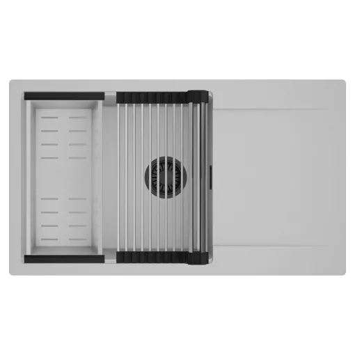 HD Onyx Grey 86-XL egymedencés mosogatótálca szett, acél csepegtetőráccsal és kosárral, csepegtetőtálcával, alpesi szürke színben, matt fekete leeresztő szifonnal