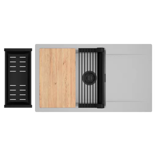 HD Onyx Grey 86-XL egymedencés gránit mosogatótálca szett, csepegtetőtálcával, vágódeszkával, matt fekete csepegtetőráccsal és kosárral, alpesi szürke színben, matt fekete leeresztő szifonnal