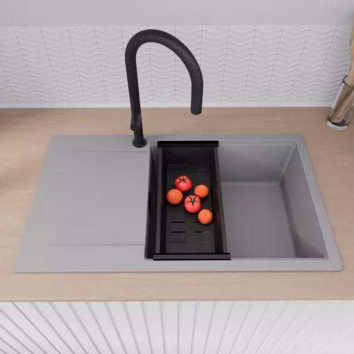 HD Onyx Grey 86-XL egymedencés gránit mosogatótálca szett, csepegtetőtálcával, vágódeszkával, matt fekete csepegtetőráccsal és kosárral, alpesi szürke színben, matt fekete leeresztő szifonnal