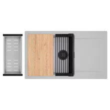 HD Onyx Grey 86-XL egymedencés gránit mosogatótálca szett, csepegtetőtálcával, vágódeszkával, matt fekete csepegtetőráccsal és krómozott kosárral, alpesi szürke színben, matt fekete leeresztő szifonnal