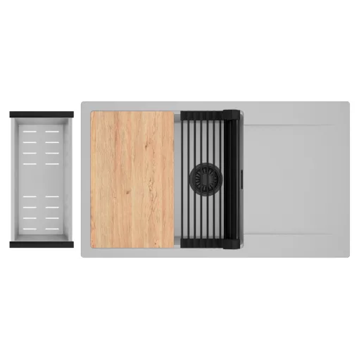 HD Onyx Grey 86-XL egymedencés gránit mosogatótálca szett, csepegtetőtálcával, vágódeszkával, matt fekete csepegtetőráccsal és krómozott kosárral, alpesi szürke színben, matt fekete leeresztő szifonnal