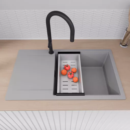 HD Onyx Grey 86-XL egymedencés gránit mosogatótálca szett, csepegtetőtálcával, vágódeszkával, matt fekete csepegtetőráccsal és krómozott kosárral, alpesi szürke színben, matt fekete leeresztő szifonnal