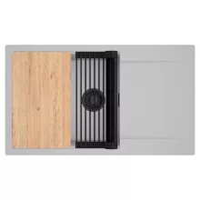 HD Onyx Grey 86-XL egymedencés gránit mosogatótálca szett, csepegtetőtálcával, vágódeszkával, matt fekete csepegtetőráccsal, alpesi szürke színben, matt fekete leeresztő szifonnal