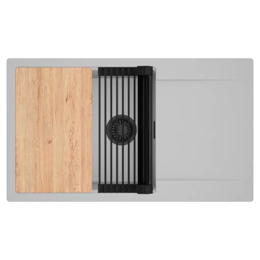 HD Onyx Grey 86-XL egymedencés gránit mosogatótálca szett, csepegtetőtálcával, vágódeszkával, matt fekete csepegtetőráccsal, alpesi szürke színben, matt fekete leeresztő szifonnal