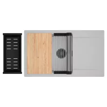 HD Onyx Grey 86-XL egymedencés gránit mosogatótálca szett, csepegtetőtálcával, vágódeszkával, acél csepegtetőráccsal és matt fekete kosárral, alpesi szürke színben, matt fekete leeresztő szifonnal