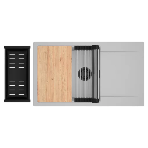 HD Onyx Grey 86-XL egymedencés gránit mosogatótálca szett, csepegtetőtálcával, vágódeszkával, acél csepegtetőráccsal és matt fekete kosárral, alpesi szürke színben, matt fekete leeresztő szifonnal