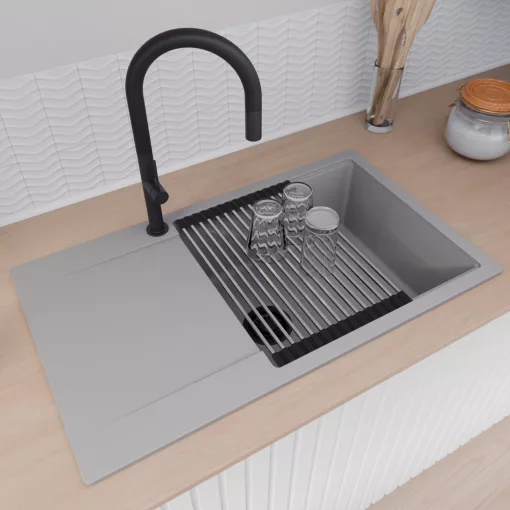 HD Onyx Grey 86-XL egymedencés gránit mosogatótálca szett, csepegtetőtálcával, vágódeszkával, acél csepegtetőráccsal és matt fekete kosárral, alpesi szürke színben, matt fekete leeresztő szifonnal