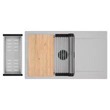 HD Onyx Grey 86-XL egymedencés gránit mosogatótálca szett, csepegtetőtálcával, vágódeszkával, acél csepegtetőráccsal és kosárral, alpesi szürke színben, matt fekete leeresztő szifonnal