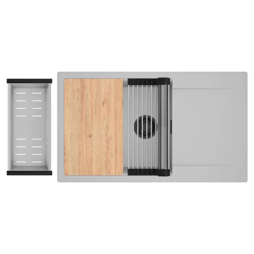 HD Onyx Grey 86-XL egymedencés gránit mosogatótálca szett, csepegtetőtálcával, vágódeszkával, acél csepegtetőráccsal és kosárral, alpesi szürke színben, matt fekete leeresztő szifonnal