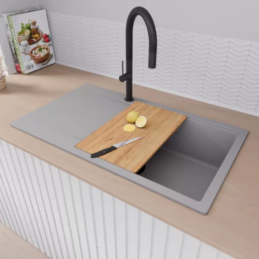 HD Onyx Grey 86-XL egymedencés gránit mosogatótálca szett, csepegtetőtálcával, vágódeszkával, acél csepegtetőráccsal és kosárral, alpesi szürke színben, matt fekete leeresztő szifonnal