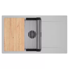 HD Onyx Grey 86-XL egymedencés gránit mosogatótálca szett, csepegtetőtálcával, vágódeszkával, acél csepegtetőráccsal, alpesi szürke színben, matt fekete leeresztő szifonnal