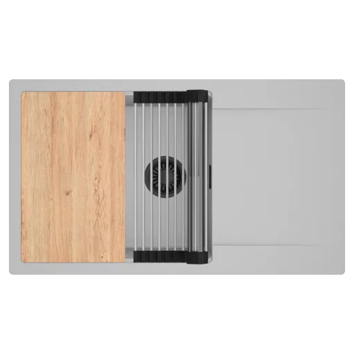 HD Onyx Grey 86-XL egymedencés gránit mosogatótálca szett, csepegtetőtálcával, vágódeszkával, acél csepegtetőráccsal, alpesi szürke színben, matt fekete leeresztő szifonnal