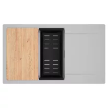 HD Onyx Grey 86-XL egymedencés gránit mosogatótálca szett, csepegtetőtálcával, vágódeszkával, matt fekete csepegtetőkosárral, alpesi szürke színben, matt fekete leeresztő szifonnal