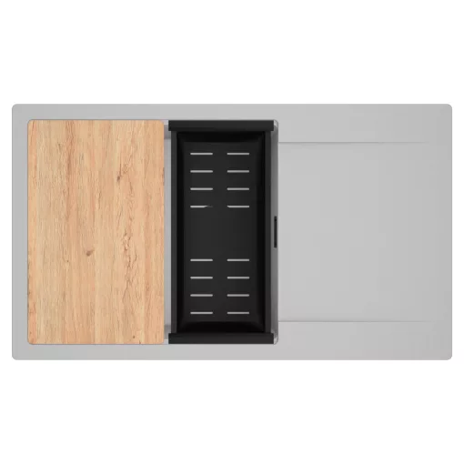 HD Onyx Grey 86-XL egymedencés gránit mosogatótálca szett, csepegtetőtálcával, vágódeszkával, matt fekete csepegtetőkosárral, alpesi szürke színben, matt fekete leeresztő szifonnal