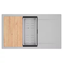 HD Onyx Grey 86-XL egymedencés gránit mosogatótálca szett, csepegtetőtálcával, vágódeszkával, acél csepegtetőkosárral, alpesi szürke színben, matt fekete leeresztő szifonnal