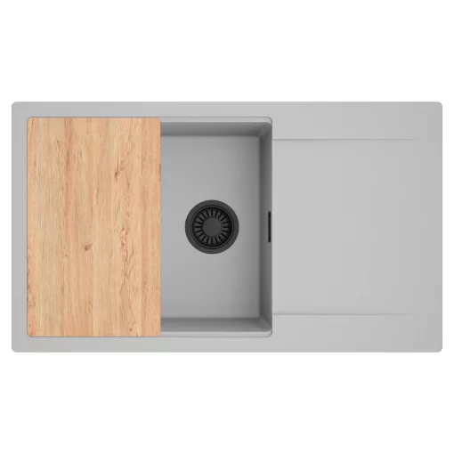 HD Onyx Grey 86-XL egymedencés gránit mosogatótálca, vágódeszkával, alpesi szürke színben, matt fekete leeresztő szifonnal
