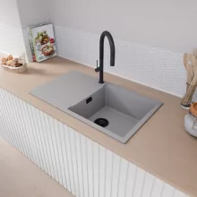 HD Onyx Grey 86-XL egymedencés gránit mosogatótálca, vágódeszkával, alpesi szürke színben, matt fekete leeresztő szifonnal