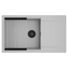 HD Onyx Grey 86-XL egymedencés mosogatótálca szett, acél csepegtetőráccsal, csepegtetőtálcával, alpesi szürke színben, matt fekete leeresztő szifonnal