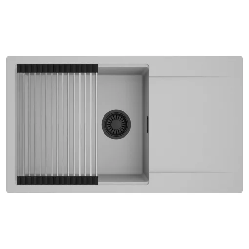 HD Onyx Grey 86-XL egymedencés mosogatótálca szett, acél csepegtetőráccsal, csepegtetőtálcával, alpesi szürke színben, matt fekete leeresztő szifonnal