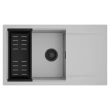 HD Onyx Grey 86-XL egymedencés mosogatótálca szett, matt fekete csepegtetőkosárral, csepegtetőtálcával, alpesi szürke színben, matt fekete leeresztő szifonnal