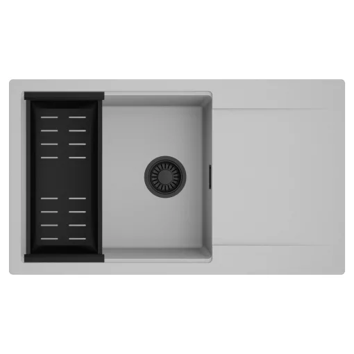 HD Onyx Grey 86-XL egymedencés mosogatótálca szett, matt fekete csepegtetőkosárral, csepegtetőtálcával, alpesi szürke színben, matt fekete leeresztő szifonnal