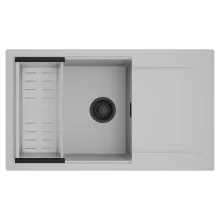 HD Onyx Grey 86-XL egymedencés mosogatótálca szett, acél csepegtetőkosárral, csepegtetőtálcával, alpesi szürke színben, matt fekete leeresztő szifonnal