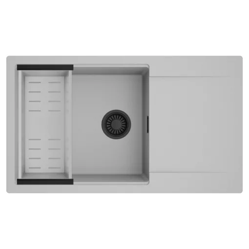 HD Onyx Grey 86-XL egymedencés mosogatótálca szett, acél csepegtetőkosárral, csepegtetőtálcával, alpesi szürke színben, matt fekete leeresztő szifonnal