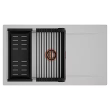 HD Onyx Grey 86-XL egymedencés mosogatótálca szett, matt fekete csepegtetőráccsal és kosárral, csepegtetőtálcával, alpesi szürke színben, szálcsiszolt réz leeresztő szifonnal