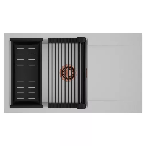 HD Onyx Grey 86-XL egymedencés mosogatótálca szett, matt fekete csepegtetőráccsal és kosárral, csepegtetőtálcával, alpesi szürke színben, szálcsiszolt réz leeresztő szifonnal