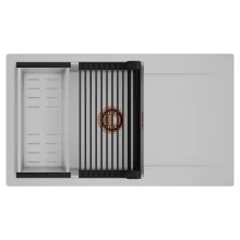 HD Onyx Grey 86-XL egymedencés mosogatótálca szett, matt fekete csepegtetőráccsal és krómozott kosárral, csepegtetőtálcával, alpesi szürke színben, szálcsiszolt réz leeresztő szifonnal