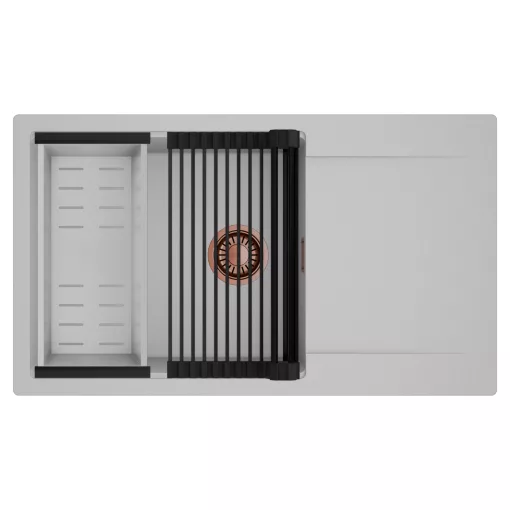 HD Onyx Grey 86-XL egymedencés mosogatótálca szett, matt fekete csepegtetőráccsal és krómozott kosárral, csepegtetőtálcával, alpesi szürke színben, szálcsiszolt réz leeresztő szifonnal