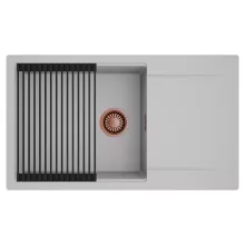 HD Onyx Grey 86-XL egymedencés mosogatótálca szett, matt fekete csepegtetőráccsal, csepegtetőtálcával, alpesi szürke színben, szálcsiszolt réz leeresztő szifonnal