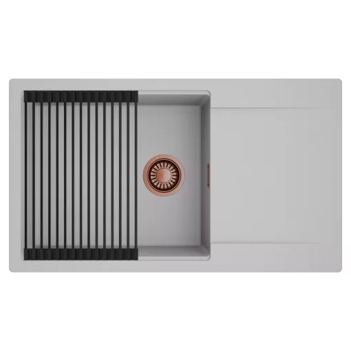 HD Onyx Grey 86-XL egymedencés mosogatótálca szett, matt fekete csepegtetőráccsal, csepegtetőtálcával, alpesi szürke színben, szálcsiszolt réz leeresztő szifonnal