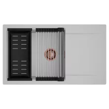 HD Onyx Grey 86-XL egymedencés mosogatótálca szett, acél csepegtetőráccsal és matt fekete kosárral, csepegtetőtálcával, alpesi szürke színben, szálcsiszolt réz leeresztő szifonnal