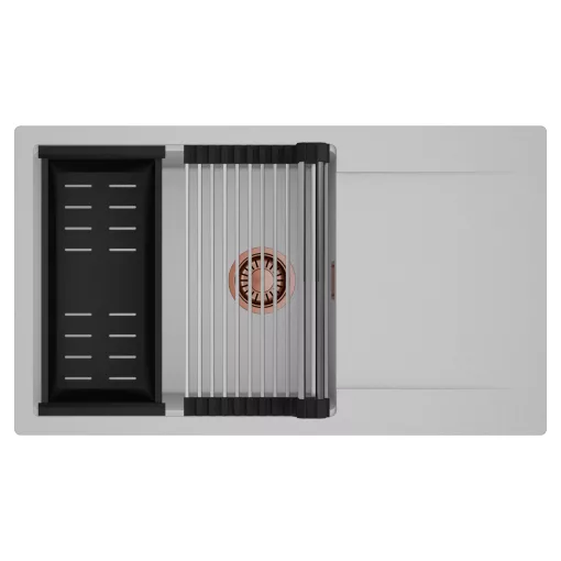 HD Onyx Grey 86-XL egymedencés mosogatótálca szett, acél csepegtetőráccsal és matt fekete kosárral, csepegtetőtálcával, alpesi szürke színben, szálcsiszolt réz leeresztő szifonnal