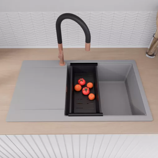 HD Onyx Grey 86-XL egymedencés mosogatótálca szett, acél csepegtetőráccsal és matt fekete kosárral, csepegtetőtálcával, alpesi szürke színben, szálcsiszolt réz leeresztő szifonnal