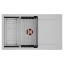 HD Onyx Grey 86-XL egymedencés mosogatótálca szett, acél csepegtetőráccsal és kosárral, csepegtetőtálcával, alpesi szürke színben, szálcsiszolt réz leeresztő szifonnal