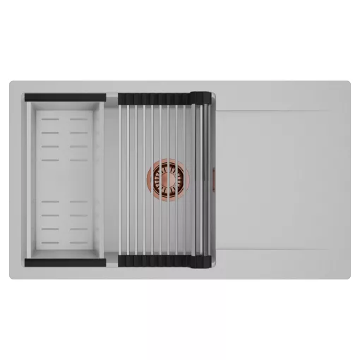 HD Onyx Grey 86-XL egymedencés mosogatótálca szett, acél csepegtetőráccsal és kosárral, csepegtetőtálcával, alpesi szürke színben, szálcsiszolt réz leeresztő szifonnal