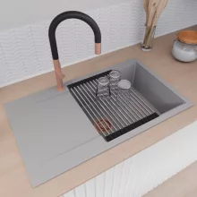 HD Onyx Grey 86-XL egymedencés mosogatótálca szett, acél csepegtetőráccsal és kosárral, csepegtetőtálcával, alpesi szürke színben, szálcsiszolt réz leeresztő szifonnal