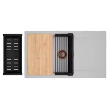 HD Onyx Grey 86-XL egymedencés gránit mosogatótálca szett, csepegtetőtálcával, vágódeszkával, matt fekete csepegtetőráccsal és kosárral, alpesi szürke színben, szálcsiszolt réz leeresztő szifonnal