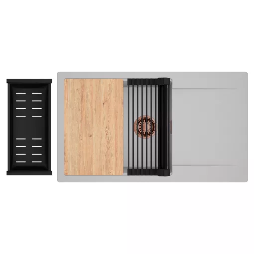 HD Onyx Grey 86-XL egymedencés gránit mosogatótálca szett, csepegtetőtálcával, vágódeszkával, matt fekete csepegtetőráccsal és kosárral, alpesi szürke színben, szálcsiszolt réz leeresztő szifonnal