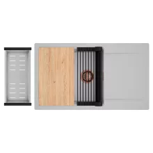 HD Onyx Grey 86-XL egymedencés gránit mosogatótálca szett, csepegtetőtálcával, vágódeszkával, matt fekete csepegtetőráccsal és krómozott kosárral, alpesi szürke színben, szálcsiszolt réz leeresztő szifonnal