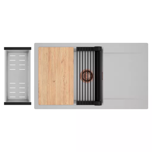 HD Onyx Grey 86-XL egymedencés gránit mosogatótálca szett, csepegtetőtálcával, vágódeszkával, matt fekete csepegtetőráccsal és krómozott kosárral, alpesi szürke színben, szálcsiszolt réz leeresztő szifonnal