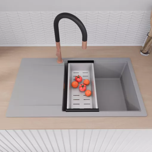 HD Onyx Grey 86-XL egymedencés gránit mosogatótálca szett, csepegtetőtálcával, vágódeszkával, matt fekete csepegtetőráccsal és krómozott kosárral, alpesi szürke színben, szálcsiszolt réz leeresztő szifonnal