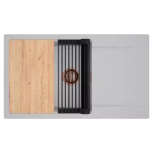 HD Onyx Grey 86-XL egymedencés gránit mosogatótálca szett, csepegtetőtálcával, vágódeszkával, matt fekete csepegtetőráccsal, alpesi szürke színben, szálcsiszolt réz leeresztő szifonnal