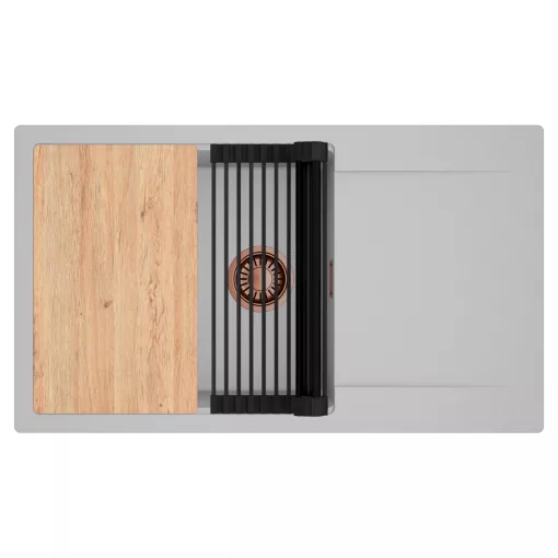 HD Onyx Grey 86-XL egymedencés gránit mosogatótálca szett, csepegtetőtálcával, vágódeszkával, matt fekete csepegtetőráccsal, alpesi szürke színben, szálcsiszolt réz leeresztő szifonnal